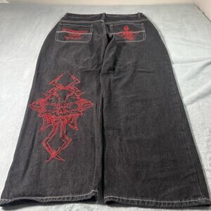 Y2K 2000s Gothic Skeleton Embroidery Beyond Baggy Jeans Large 32x28 Wide Black